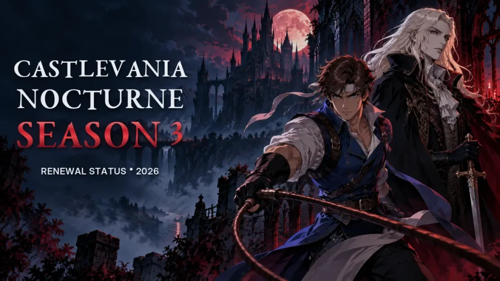 Castlevania Nocturne Season 3: Renewal Status (2026) Castlevania Nocturne Season 3 concept artwork featuring Richter Belmont and Alucard against a dark gothic castle.