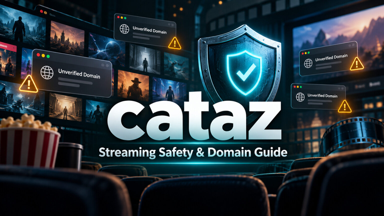 cataz streaming safety guide with generic movie tiles, uncertain domain cards, a warning symbol and protective shield