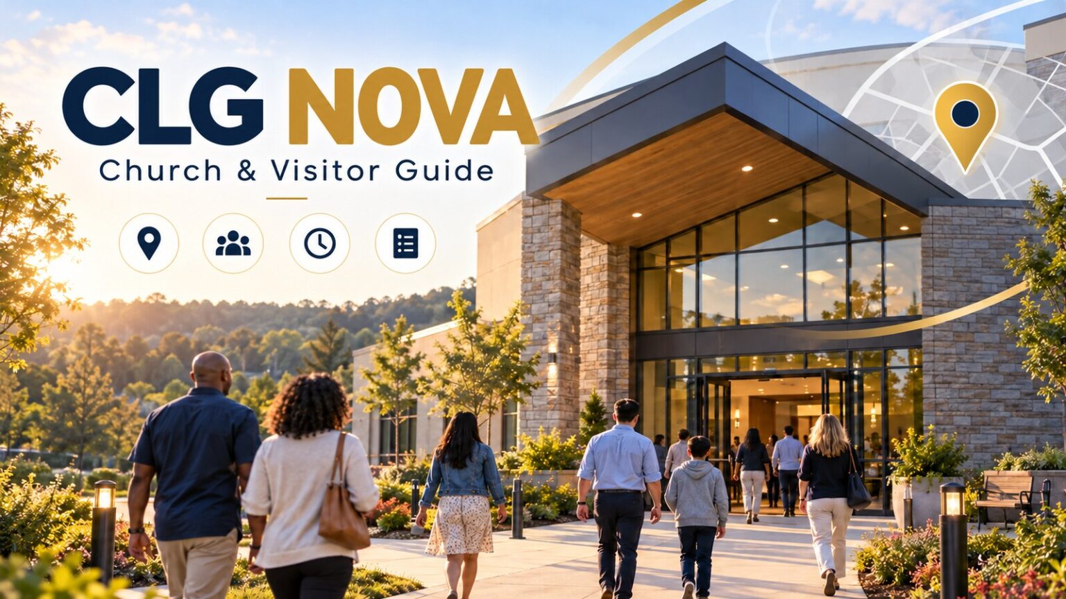 clg nova church visitor guide with a welcoming Virginia church exterior and service information panel
