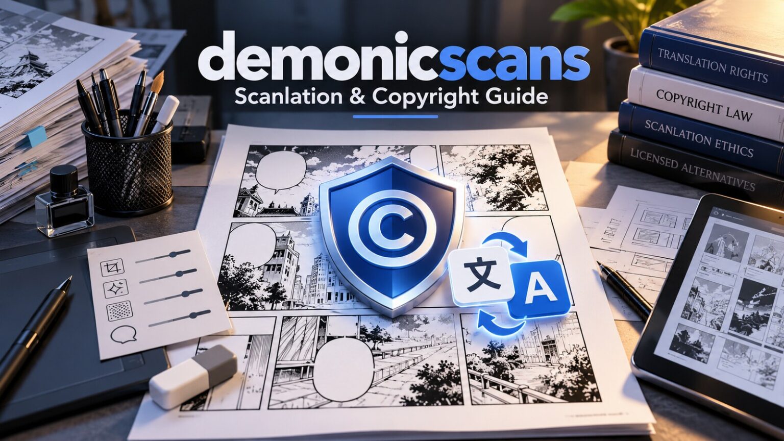 demonicscans: What It Is, Scanlation Rights and Safer Alternatives demonicscans manga scanlation guide with comic panels, translation symbols and copyright shield