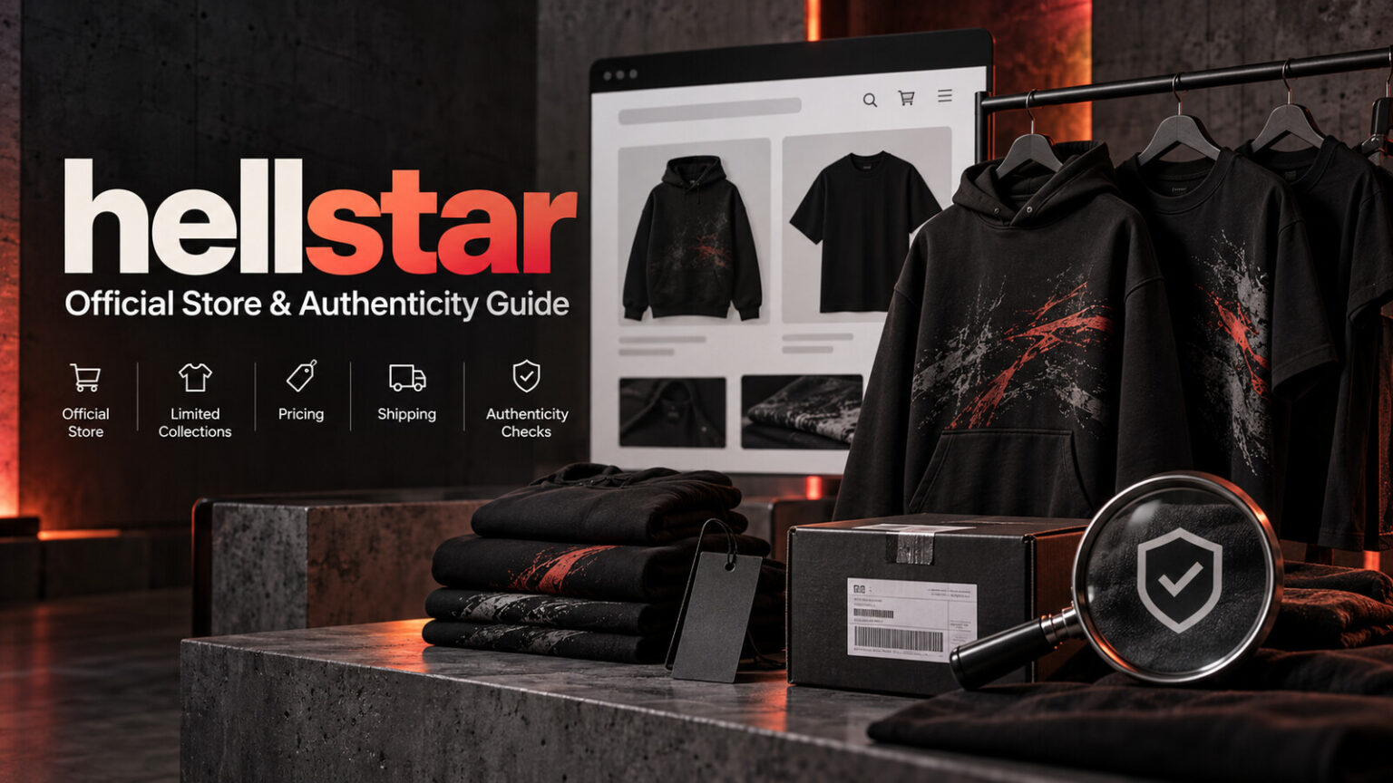 hellstar streetwear buyer guide with graphic clothing silhouettes, a verified store browser and authenticity checklist