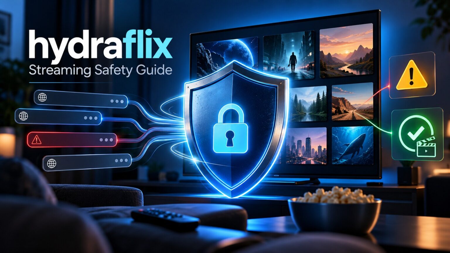 hydraflix movie streaming safety guide with protected screen and changing domain symbols
