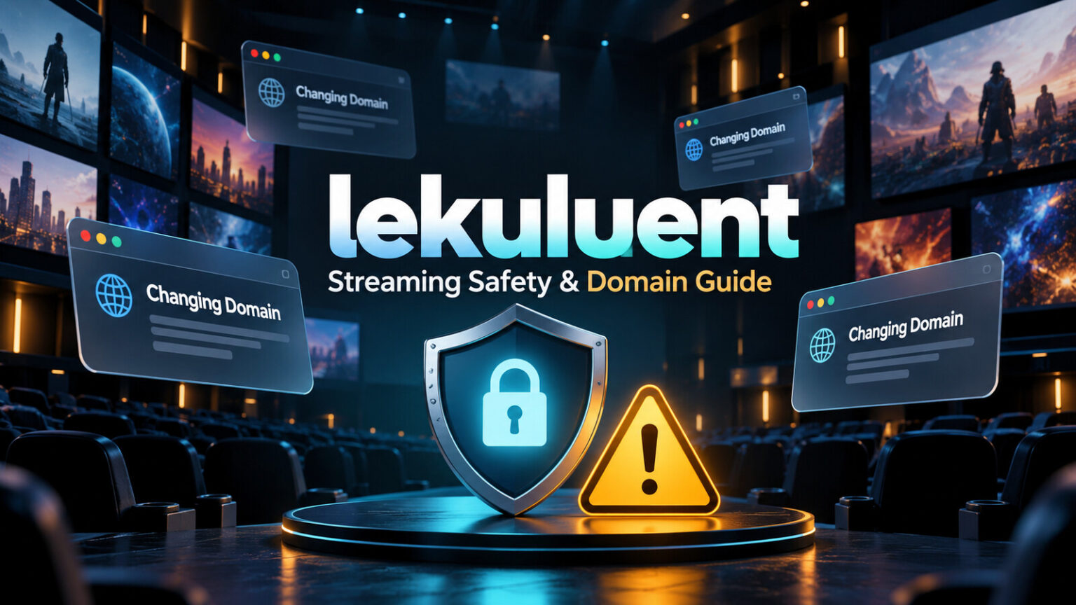 lekuluent streaming safety guide with generic movie screens, changing domain cards, a warning symbol and protective shield