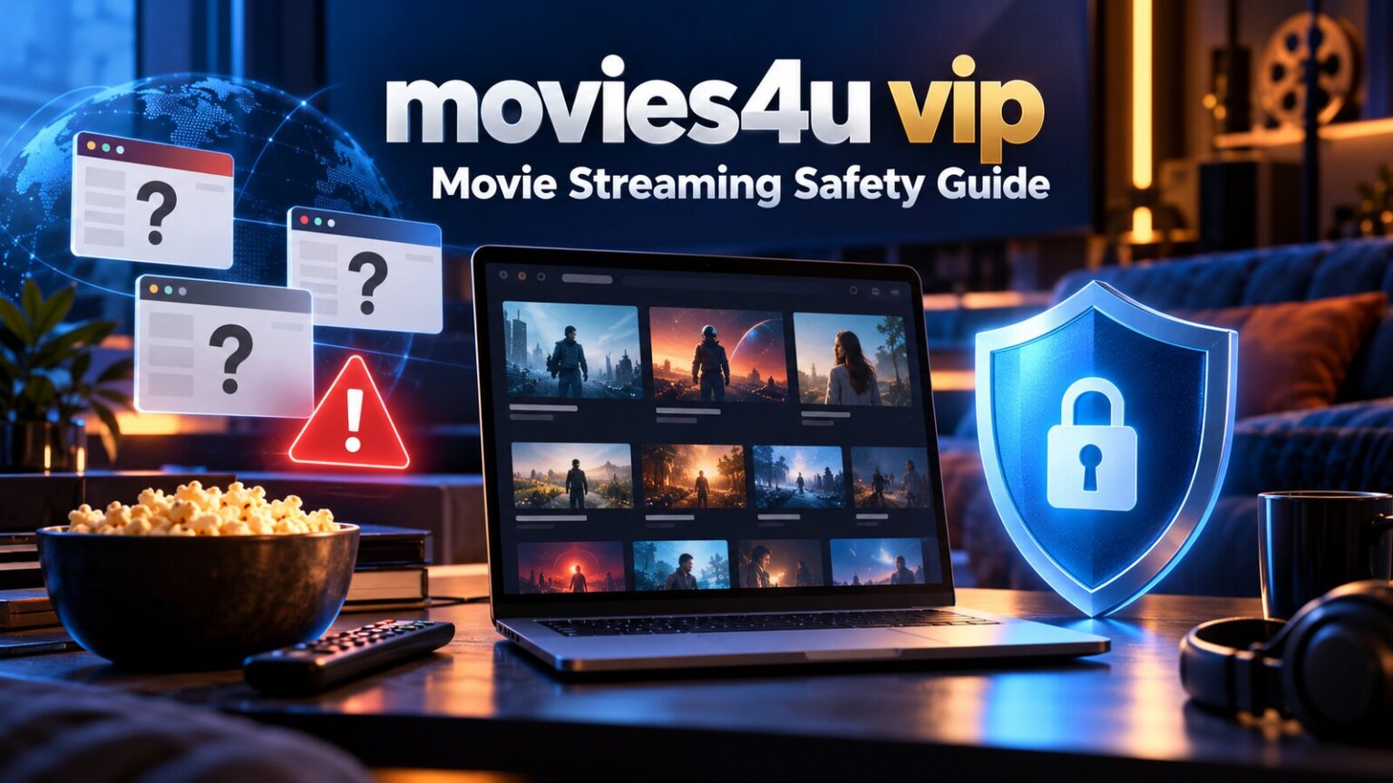 movies4u vip: What It Is, Domain Confusion and Safer Movie Options movies4u vip movie streaming safety guide with cinema tiles, changing domains and a protective shield