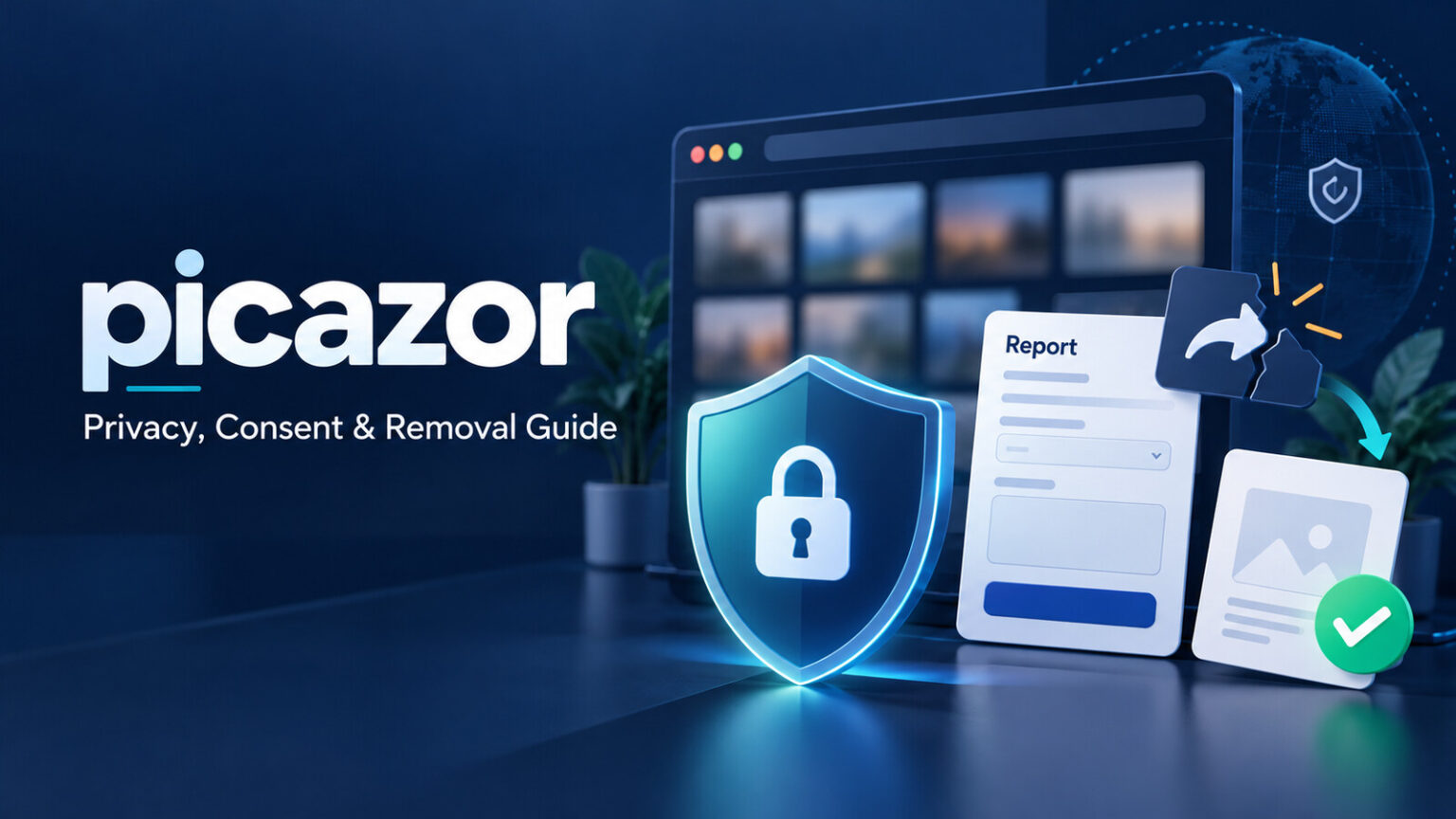 picazor: What the Keyword Means, Privacy Risks and Content Removal picazor privacy and content removal guide with blurred media tiles, a protective shield and report checklist