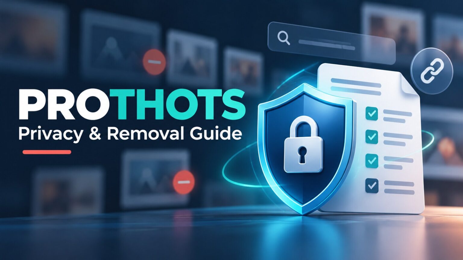 prothots privacy and content removal guide with blurred media cards, a protective shield and reporting checklist