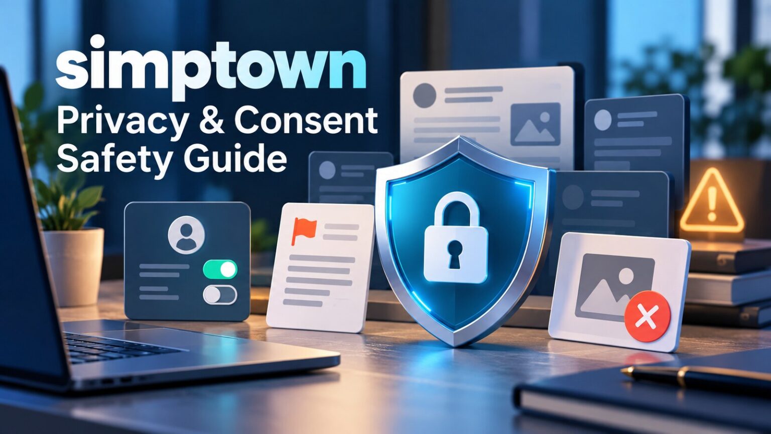 simptown privacy and consent safety guide with anonymous forum cards, removal tools and a protective shield
