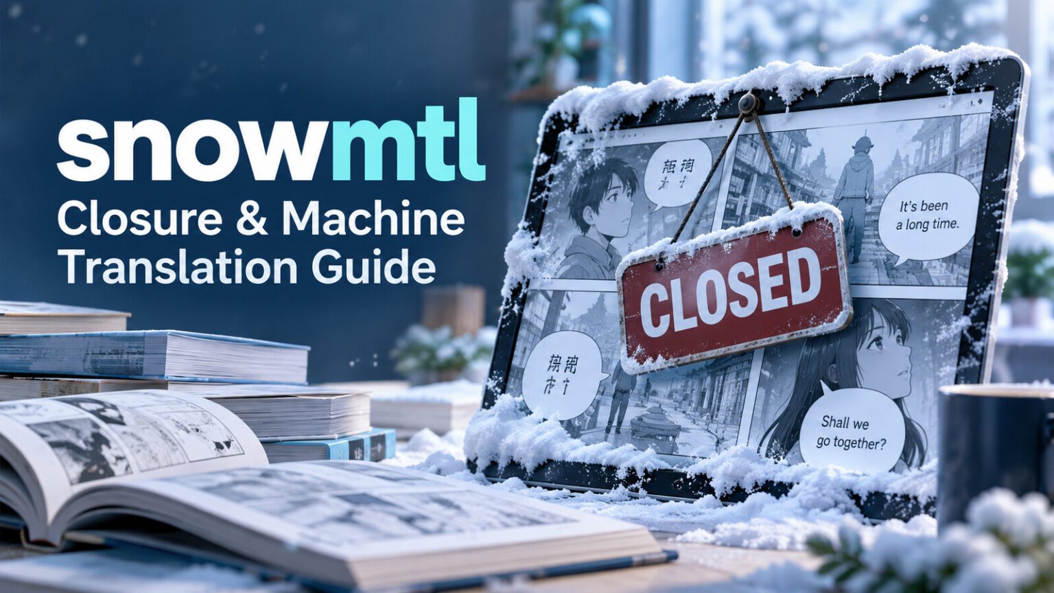 snowmtl closure and machine-translated comics guide with a snow-covered reading screen, translation bubbles and closed sign