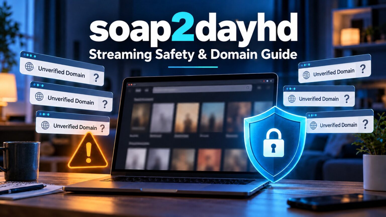soap2dayhd: What It Is, Current Status and Streaming Risks soap2dayhd streaming safety guide with an uncertain website, movie screen, warning symbol and protective shield