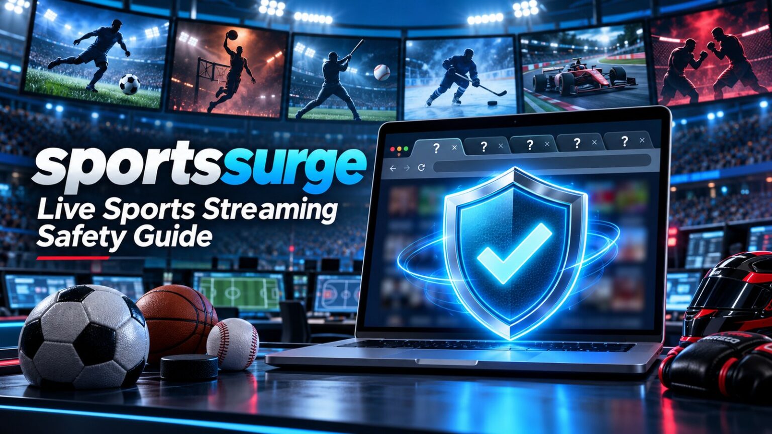 sportssurge live sports streaming safety guide with stadium screens and a protective shield
