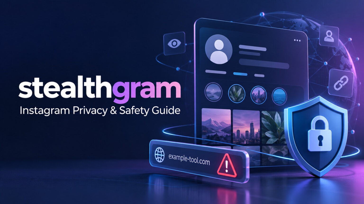 stealthgram Instagram privacy and account safety guide with a public profile screen, shield and domain warning symbols
