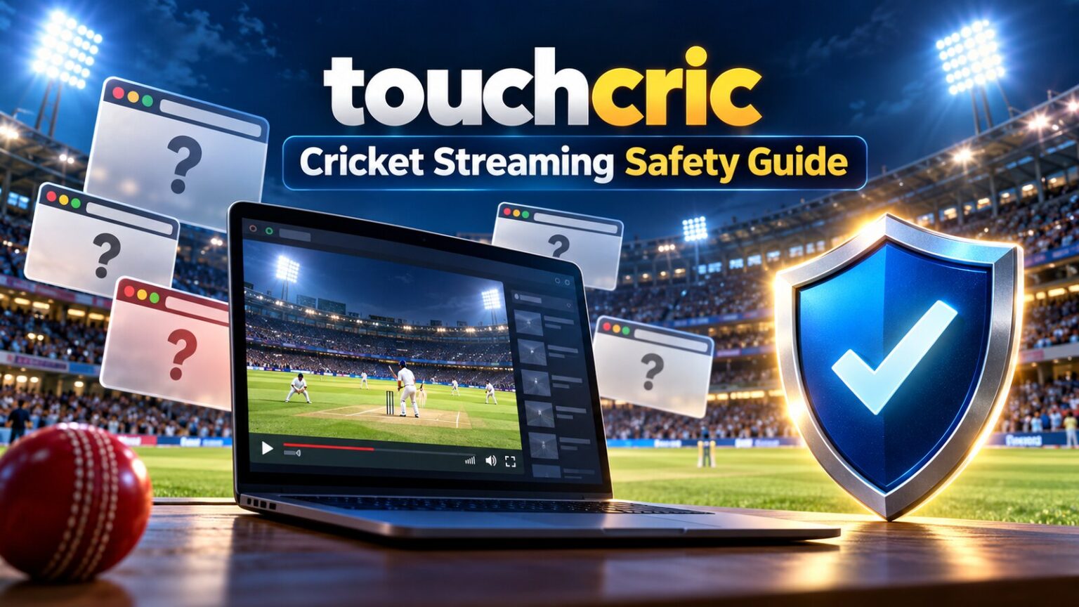 touchcric live cricket streaming safety guide with a stadium screen, domain choices and protective shield