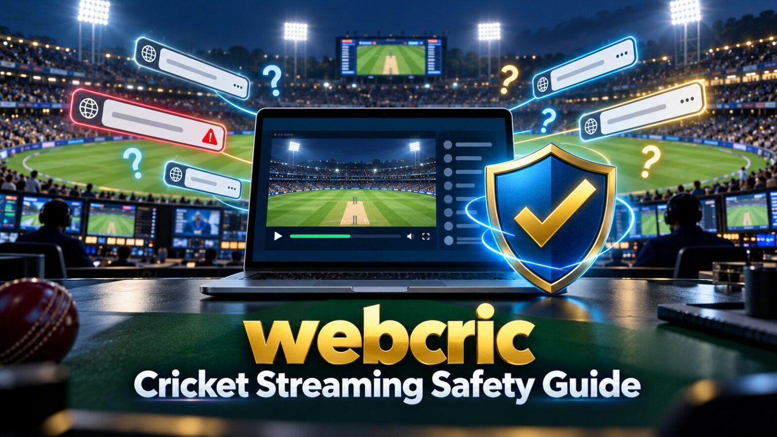 webcric: What It Is, Domain Confusion and Safer Cricket Viewing webcric live cricket streaming safety guide with a stadium screen and protective shield