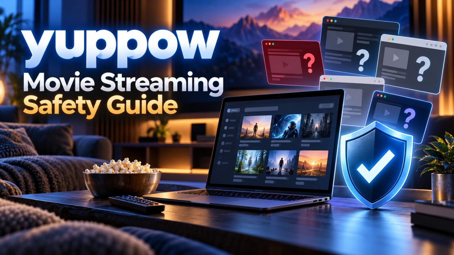 yuppow movie streaming safety guide with a cinema screen, app tiles and protective shield